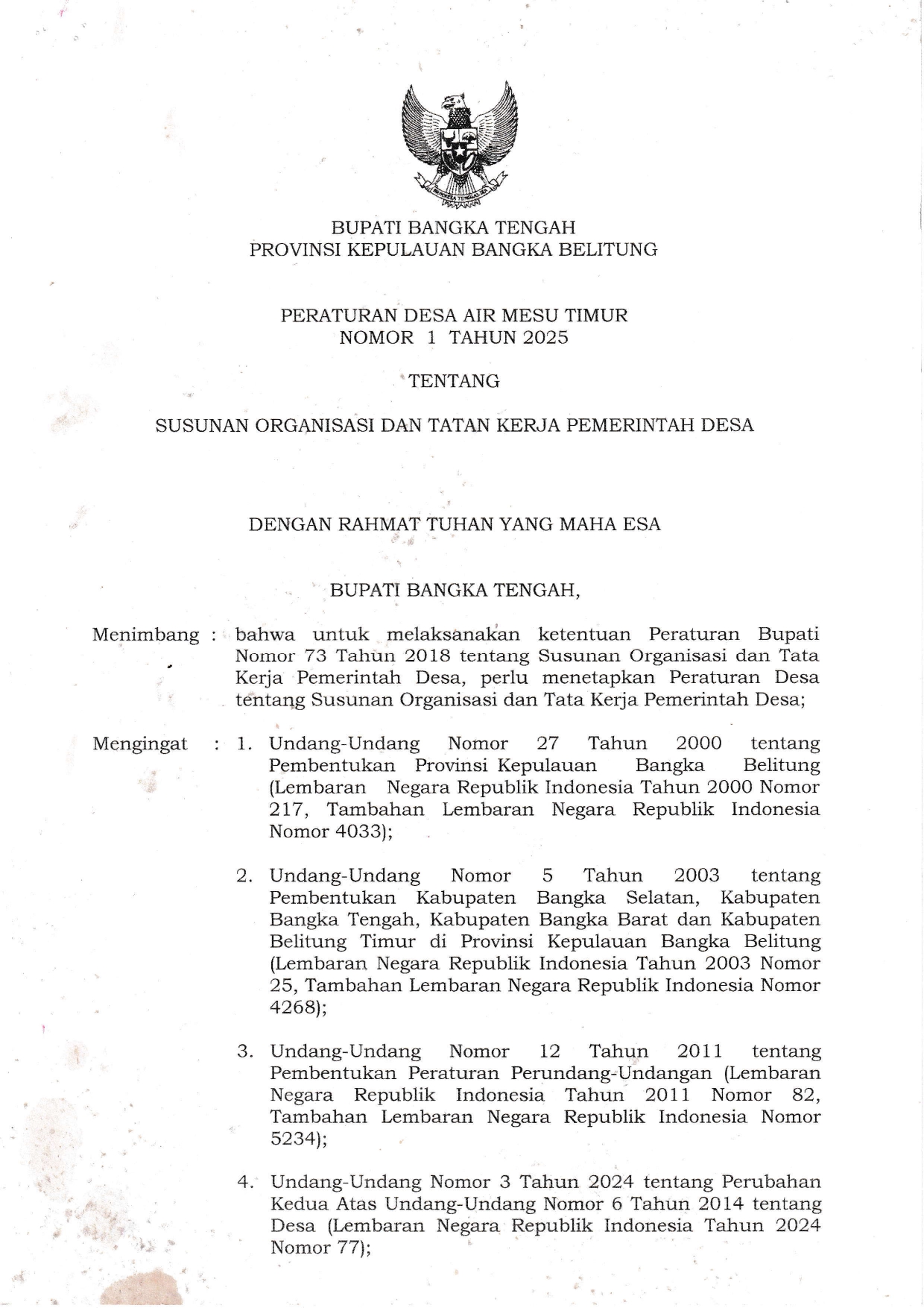Peraturan Desa Air Mesu Timur Nomor 1 Tahun 2025 tentang Susunan Organisasi dan Tata Kerja Pemerintah Desa